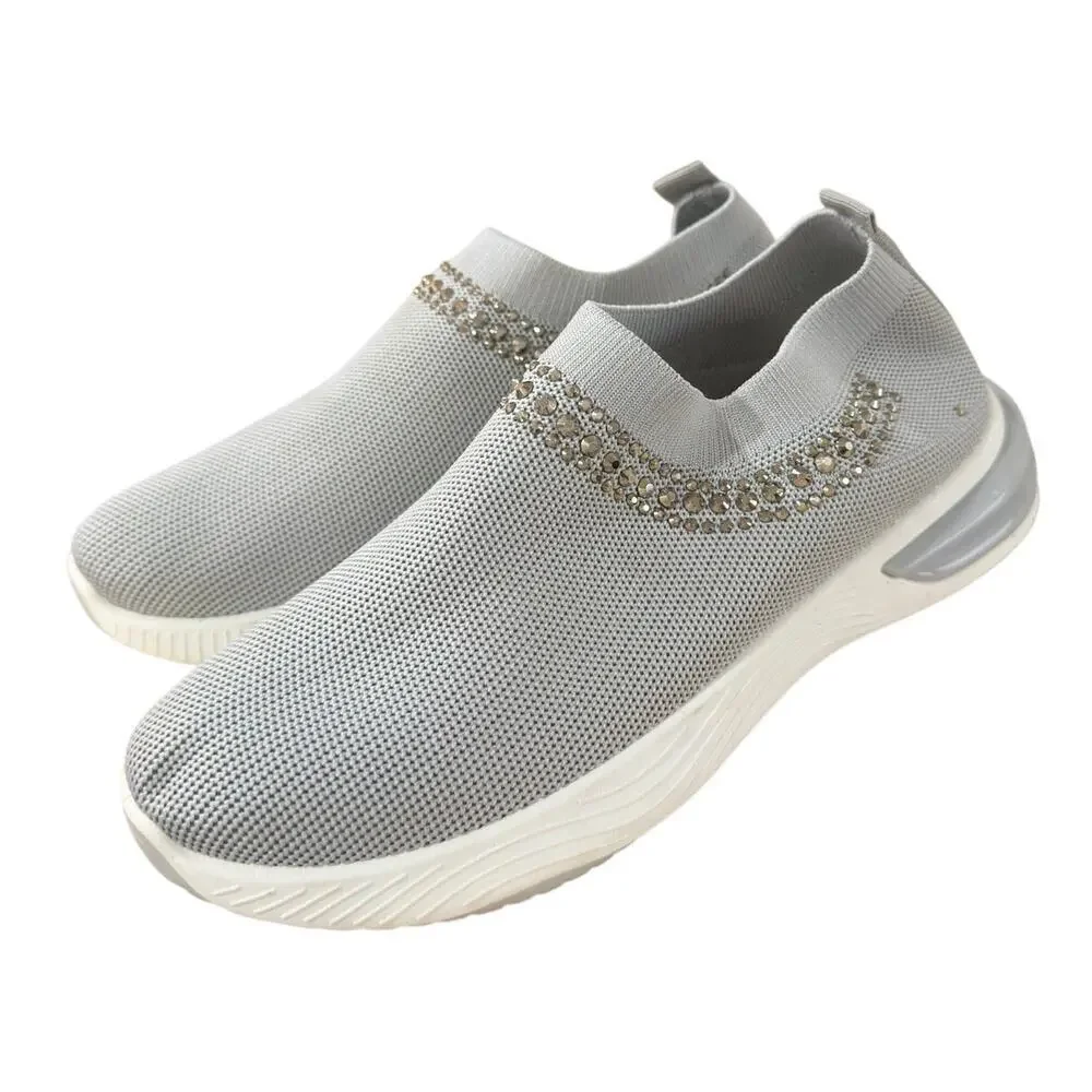 NEW Women's Rhinestone Slip-On Knit Sneakers Gray Size 10